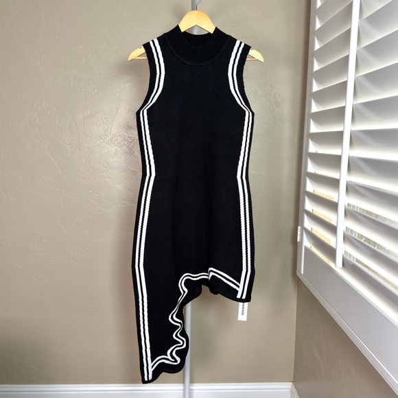 Commense Black Asymmetrical Knit Midi Dress White Contrast Trim Large NWT - Picture 4 of 11